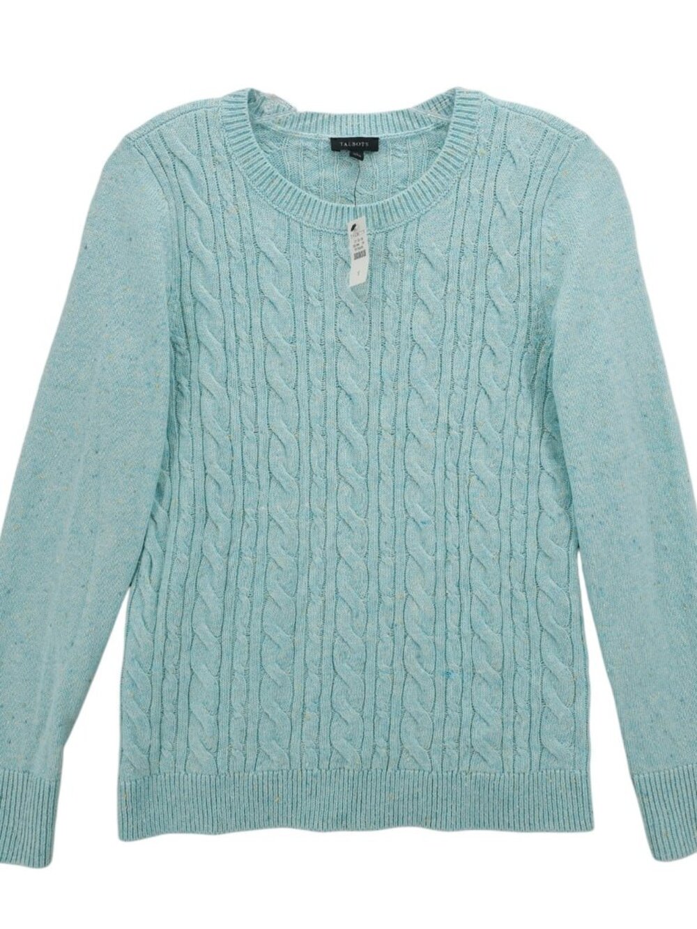 NWT TALBOTS Cable Knit Sweater Pullover Button Detail Light Blue Speckled SMALL